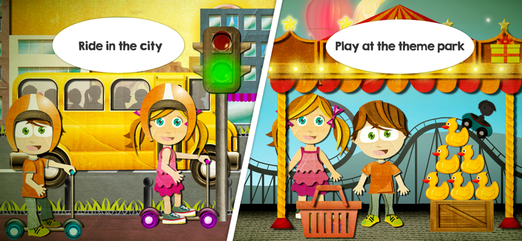 Beck and Bo - Toddler Puzzles - Dos escenas de rompecabezas animadas con los personajes de Beck and Bo en una ciudad y en un parque de atracciones.