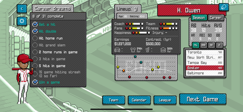 Pixel Pro Baseball game menu showing career dreams objectives and player stats in retro pixel art style