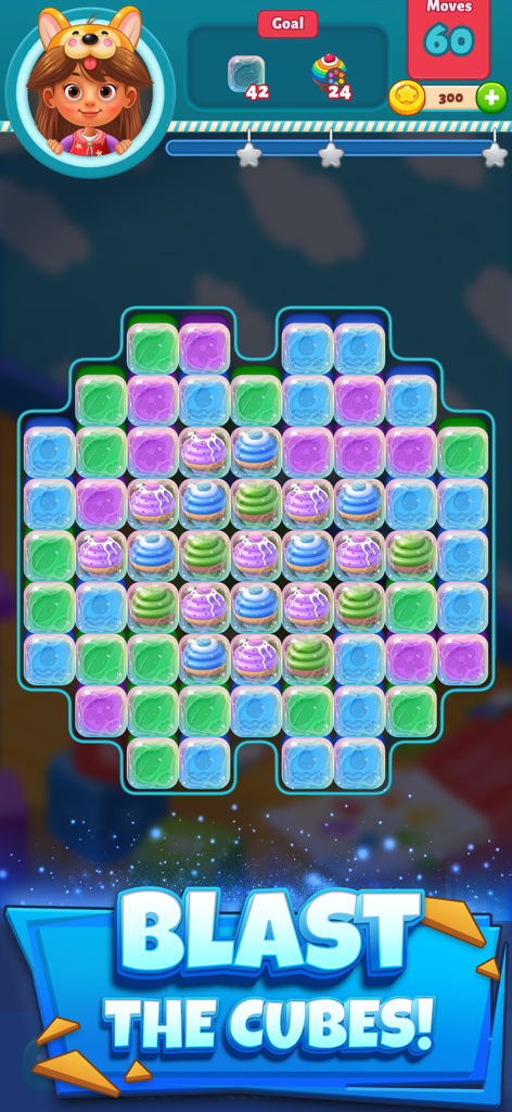 Epic Blast 3D: Toy Match Games - Epic Blast 3D mobile game interface featuring a colorful Match 2 puzzle board and cartoon character.