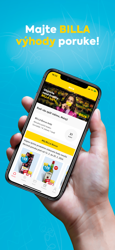 BILLA Bonus Slowakei Mobile App, die Treuepunkte und Aktionsprodukte auf einem Smartphone-Bildschirm anzeigt