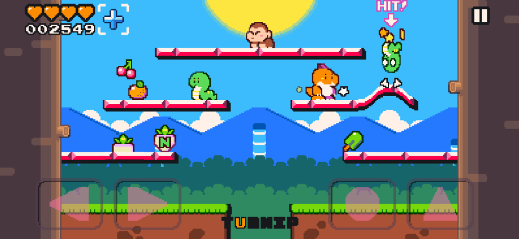 Dino Quake - 16-bit pixel art gameplay from Dino Quake showing a dinosaur character on platforms with enemies and items