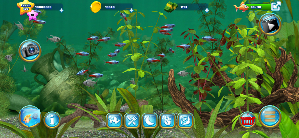 Fish Farm 3 - Aquarium - A realistic 3D virtual aquarium with schools of neon fish swimming among lush green plants and underwater decorations