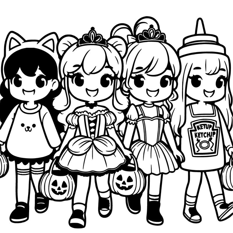 4 girls going trick or treating.  one girl  is dressed as a cat. the other is dressed as a princess. the last 2 girls are twins and are ketchup and mustard