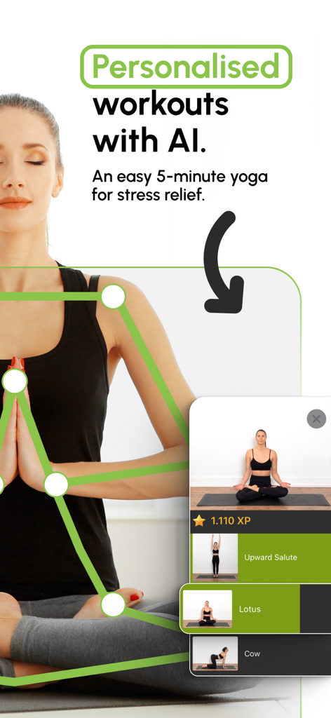 MirrorFit－Somatic Yoga Workout - MirrorFit App-Bildschirm zeigt eine Frau in der Lotusposition mit KI-Skelettverfolgung und einer personalisierten Yoga-Sequenz