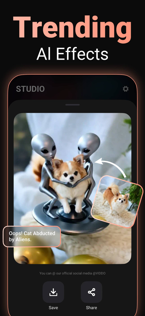 A mobile app interface from Viddo AI displaying a trending alien abduction video effect on a dog