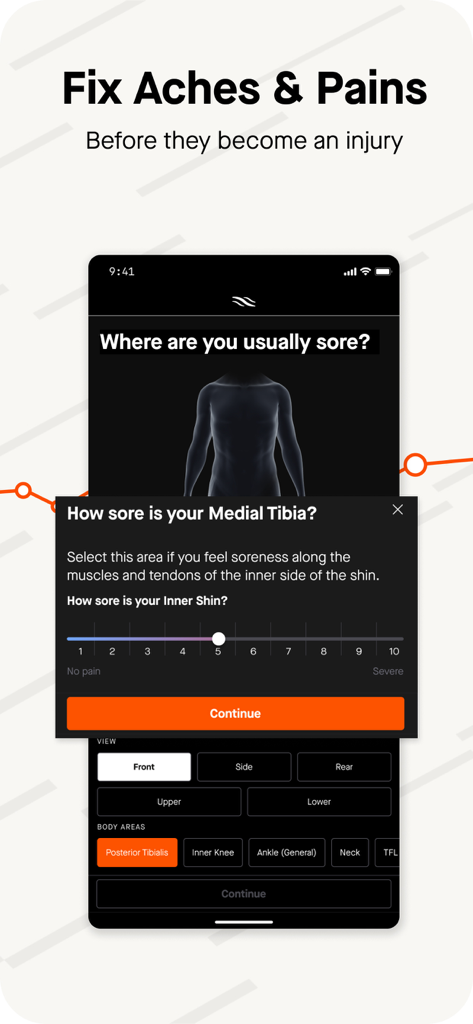 Recover Athletics app interface showing soreness tracking and body map for injury prevention
