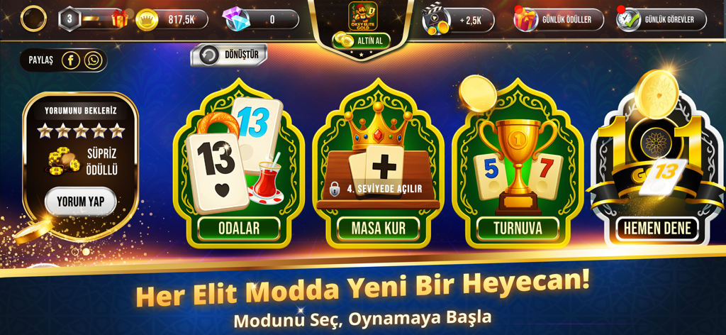 Okey Elite Gold - Main menu of Okey Elite Gold showing game modes for rooms tournaments and creating tables