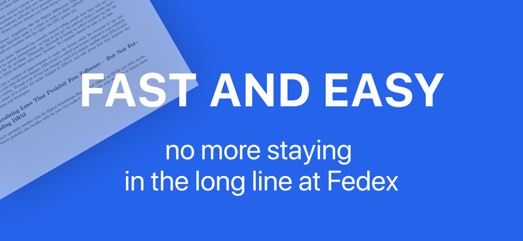 Banner for Fax Pro app stating fast and easy faxing without the long lines at FedEx