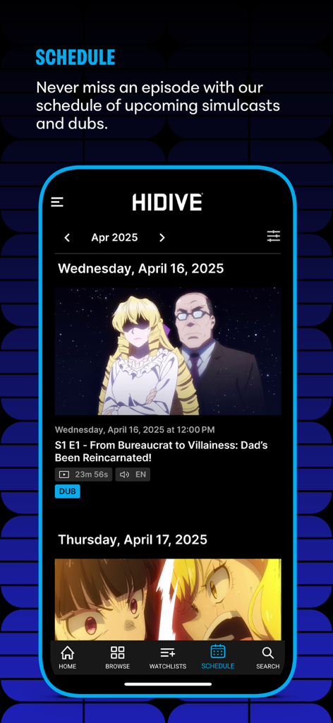 HIDIVE - La schermata del programma HIDIVE che mostra i prossimi simulcast anime e gli episodi doppiati.