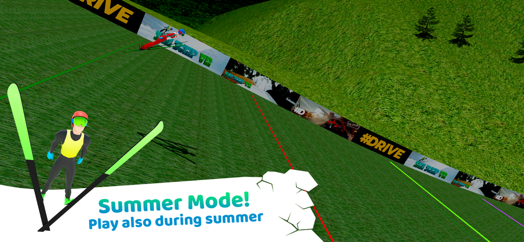 Ski Jump 18 gameplay screenshot showing Summer Mode on a green grass hill