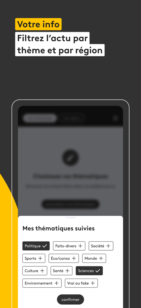 Interfaz de la aplicación franceinfo que muestra una selección de temas de noticias para seguir, como política y ciencia