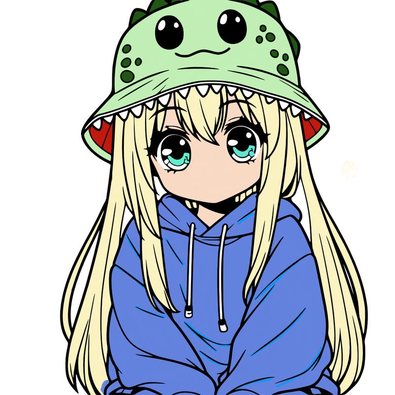 girl with anime shaped eyes with a dinosaur bucket hat oversized sweatshirt long straight hair