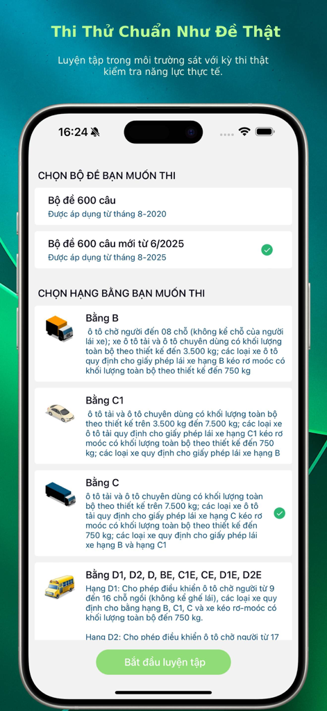 A mobile app interface to choose between driving license classes and question sets for the Vietnamese driving exam.