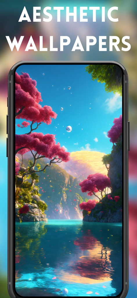 Aesthetic Live Wallpapers - Tela de smartphone mostrando um papel de parede de natureza onírico com árvores cor-de-rosa e um lago azul sereno
