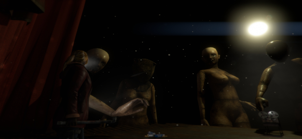 Forgotten Memories: Remastered - Rose Hawkins encarando manequins assustadores em um quarto escuro com iluminação cinematográfica em Forgotten Memories Remastered.