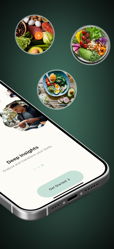 Mango AI - Calorie Tracker - Interface do aplicativo Mango AI Calorie Tracker com fotos de alimentos saudáveis e botão de início