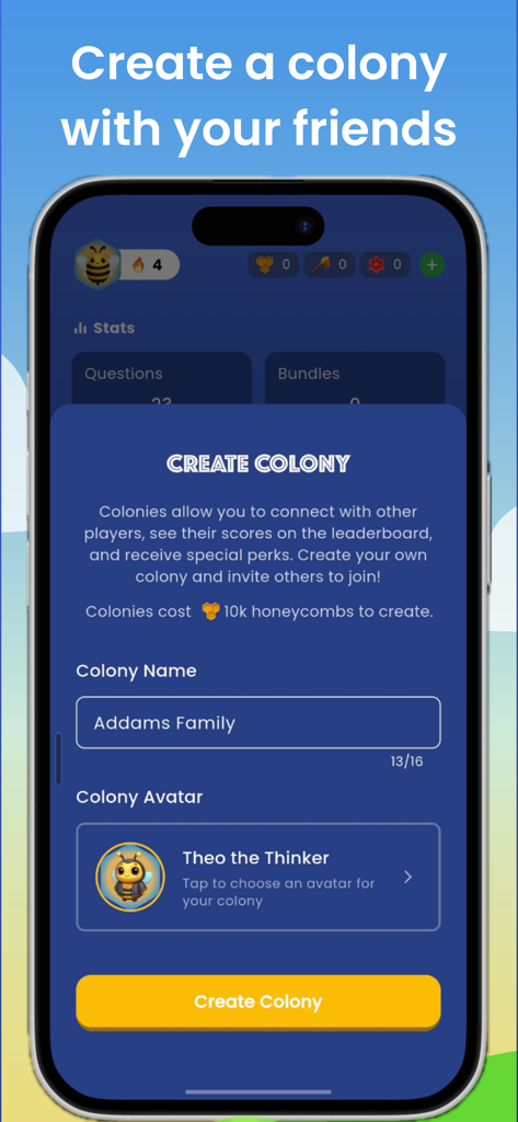 Beehive: Word Puzzle Challenge - Beehive Worträtsel-App-Bildschirm mit der sozialen Funktion zum Erstellen einer Kolonie und Einladen von Freunden