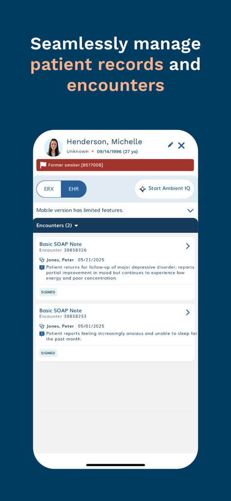 RXNT - Mobile view of RXNT app managing patient records and SOAP note encounters