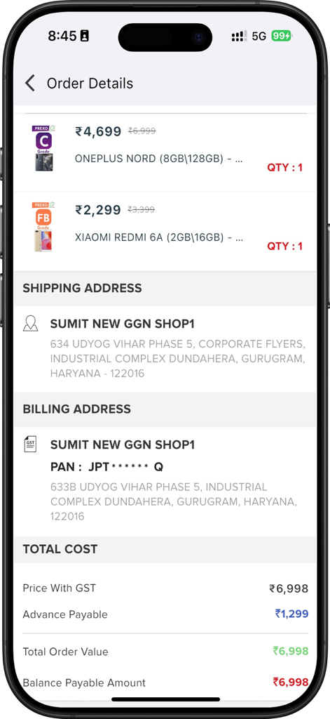 DD App B2R - Order summary page in the DD App B2R showing purchased mobile phones and billing information