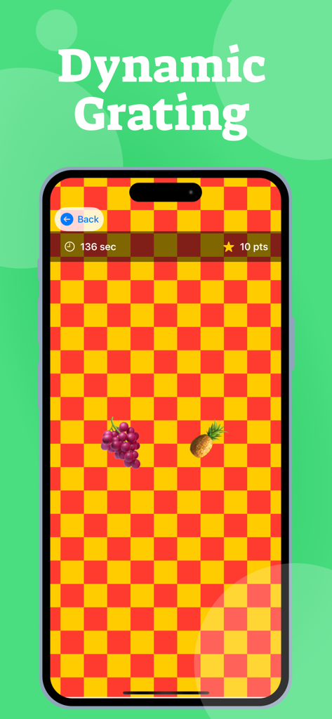 Lazy Eye & Amblyopia Exercise - A screen from the Lazy Eye and Amblyopia Exercise app showing a Dynamic Grating vision training game with a red and yellow checkerboard pattern and fruit icons.