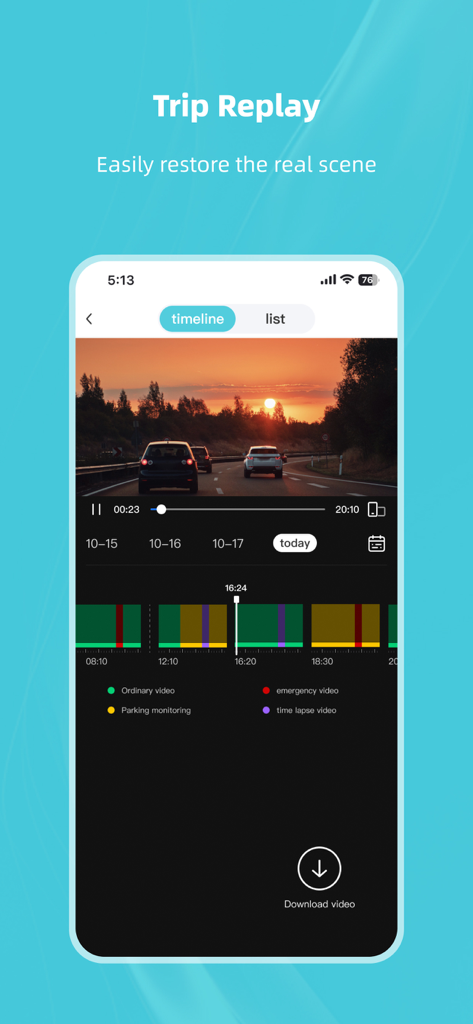 Kacam - Kacam app screen showing the trip replay feature with a dashcam video and a categorized timeline of recorded footage.