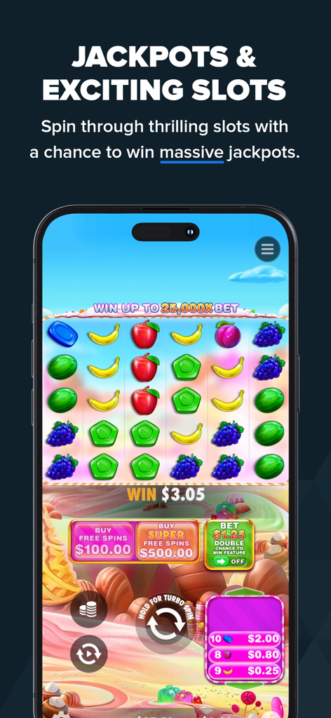 Stake US app screen showing a colorful candy themed slot game with jackpot opportunities