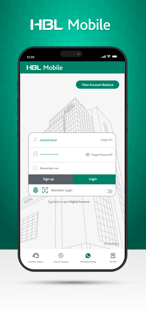 Login screen of the HBL Mobile app showing username and password fields