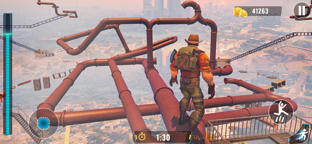 Going Jump Up: Parkour Games - A character in a cowboy hat standing on a high-altitude pipe maze in the Going Jump Up mobile parkour game.