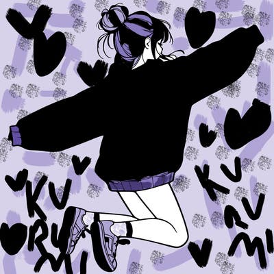 realistic girl jumping with a bun and oversized sweatshirt