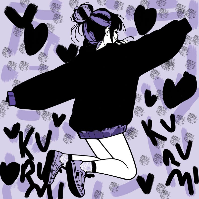 realistic girl jumping with a bun and oversized sweatshirt