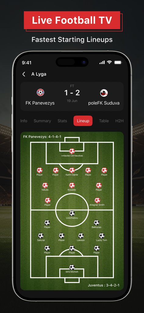 Streaming HD: Live Football TV - Pantalla de la aplicación móvil que muestra la alineación inicial y las posiciones de los jugadores en un diagrama del campo de fútbol.