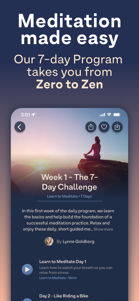 Breethe: Sleep & Meditation - Breethe app interface showing the Zero to Zen 7 day meditation program for beginners