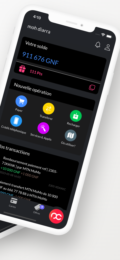 PayCard mobile app home screen displaying account balance in GNF and financial service icons like transfer and top up