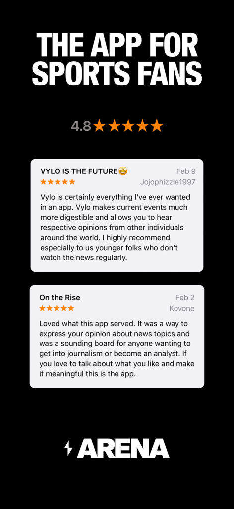 Arena - The Sports Super App - Arena app user reviews and four point eight star rating display