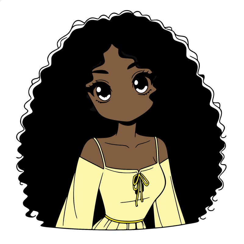 a black anime girl with long afro hair