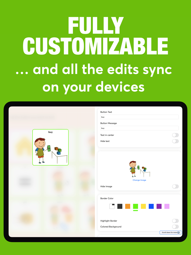 Fluent AAC: Communication App - Customizable communication button interface in the Fluent AAC app showing editing options and device sync