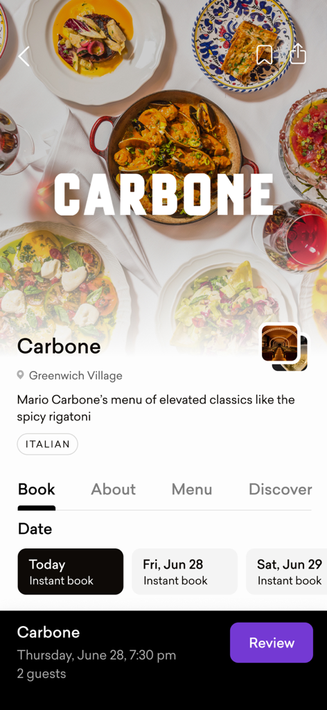 Dorsia Members Club - Dorsia app booking page for Carbone restaurant