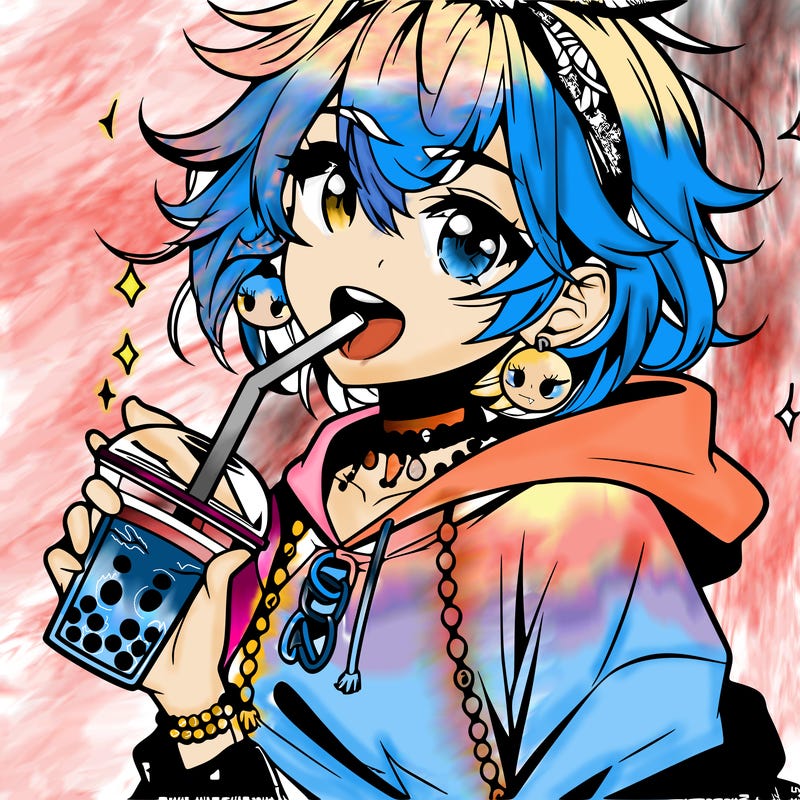 hot baddie anime girl drinking boba and biting the straw