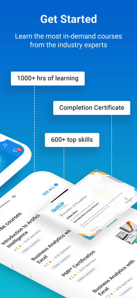 Simplilearn mobile app interface displaying professional courses and completion certificates