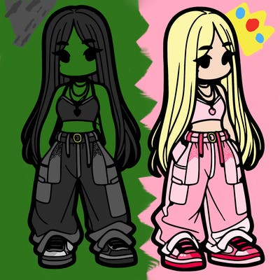 girl in baggy pants crop top and long hair