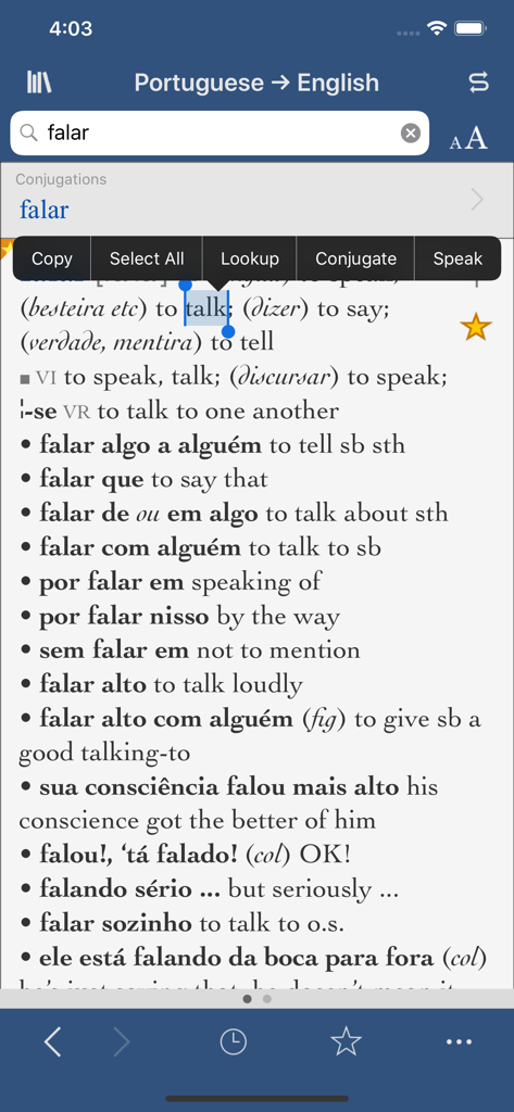 Interface of the Collins Portuguese English dictionary app showing translations and usage examples for the verb falar