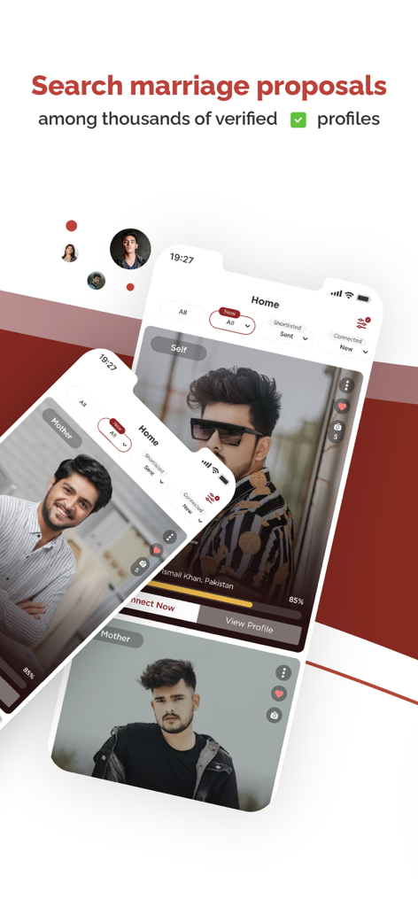 Shadi.Pk - Matrimonial App - Pantallas de la aplicación móvil de Shadi.Pk que muestran propuestas de matrimonio verificadas y perfiles de usuario.