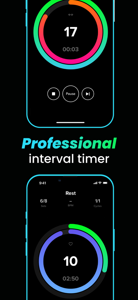 HIIT & Tabata: Interval Timer - Dos pantallas de teléfono móvil que muestran el temporizador de intervalos profesional para entrenamientos HIIT y Tabata con series, ciclos y periodos de descanso