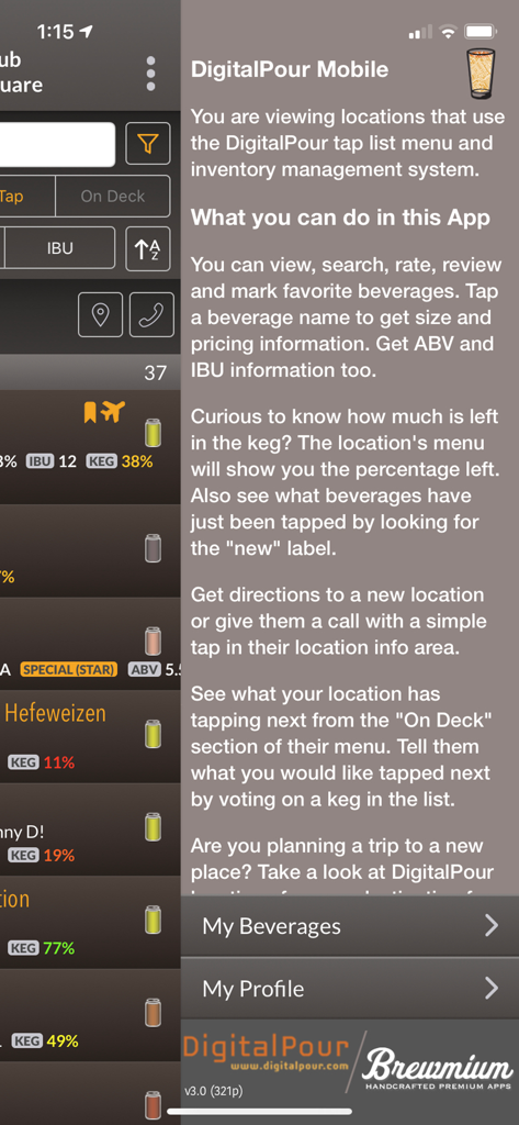 DigitalPour - Pocket Beer Menu - Informational overlay of the DigitalPour app explaining how to view tap lists and keg levels