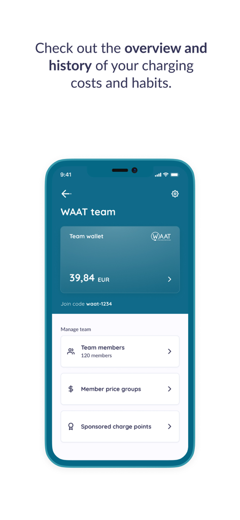 MyWAAT - La interfaz de la aplicación MyWAAT para gestionar los gastos de carga de vehículos eléctricos del equipo y los grupos de miembros.
