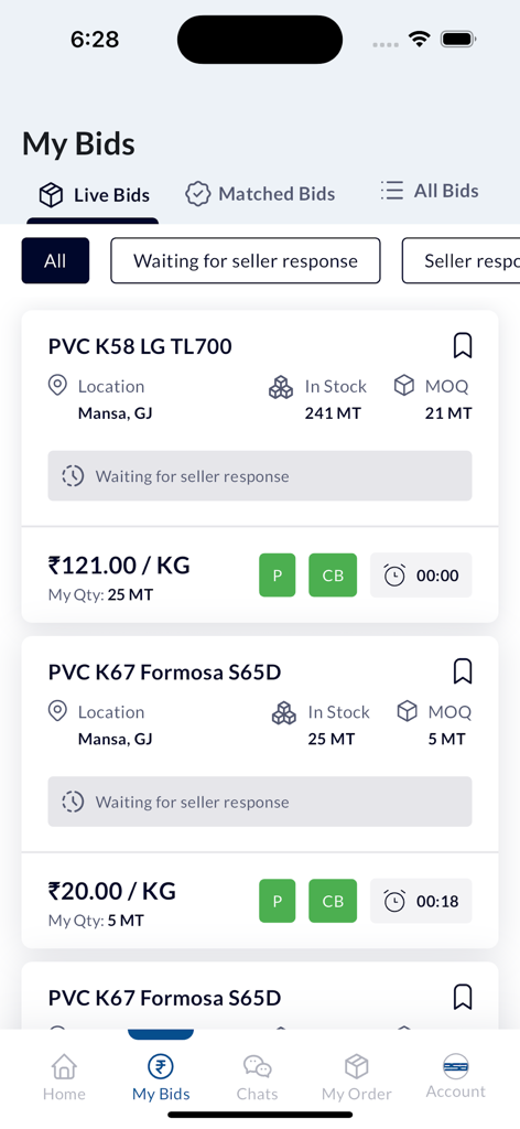 La pantalla Mis Ofertas en la BSB Polymer Trading App mostrando anuncios de materiales en vivo para PVC con precios de oferta y cantidades de pedido.