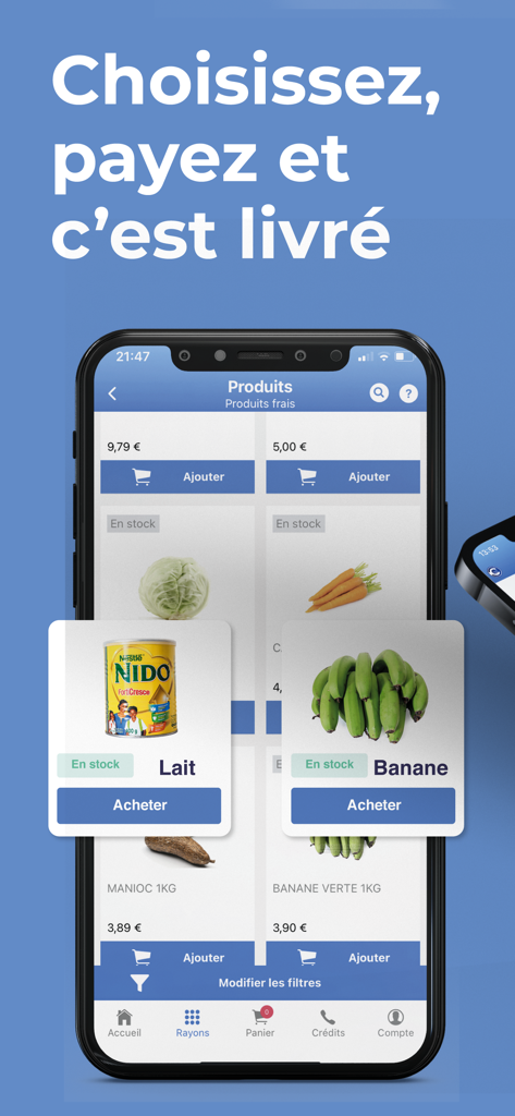 Comores En Ligne - Interface of the Comores En Ligne app showing fresh groceries and milk available for delivery