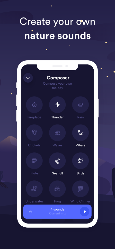 Sleep Nest app interface for creating custom nature soundscapes with selectable icons.