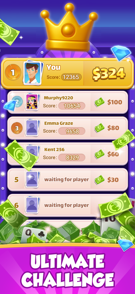 Tabla de clasificación de la aplicación Solitaire Thrill mostrando jugadores ganando premios en efectivo