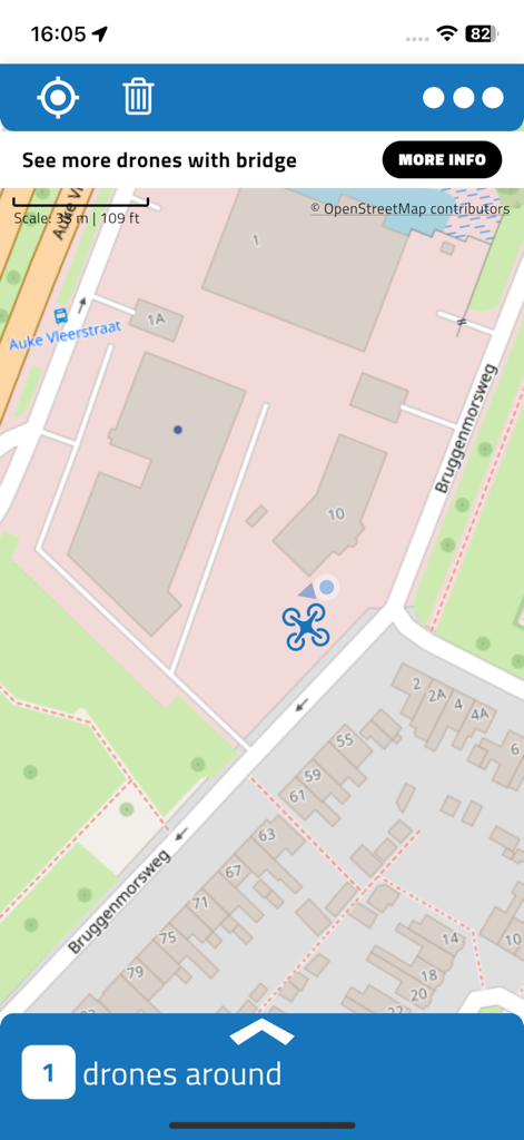 DroneScout pro - DroneScout pro app interface showing a drone detected on a street map